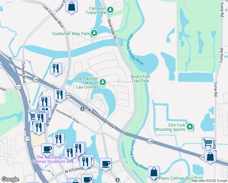 map of restaurants, bars, coffee shops, grocery stores, and more near 5719 Waterview Drive in Irving