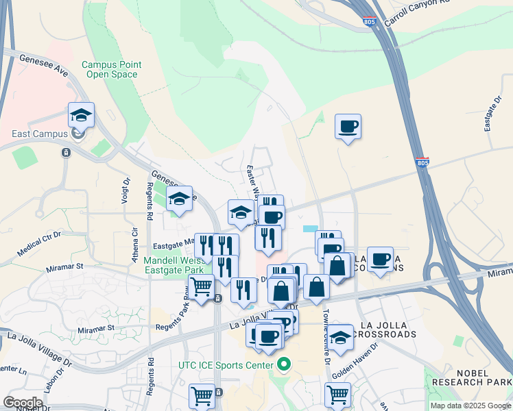 map of restaurants, bars, coffee shops, grocery stores, and more near 9506 Easter Way in San Diego