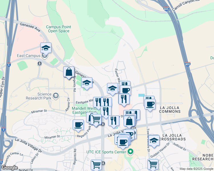 map of restaurants, bars, coffee shops, grocery stores, and more near 9505 Genesee Avenue in San Diego
