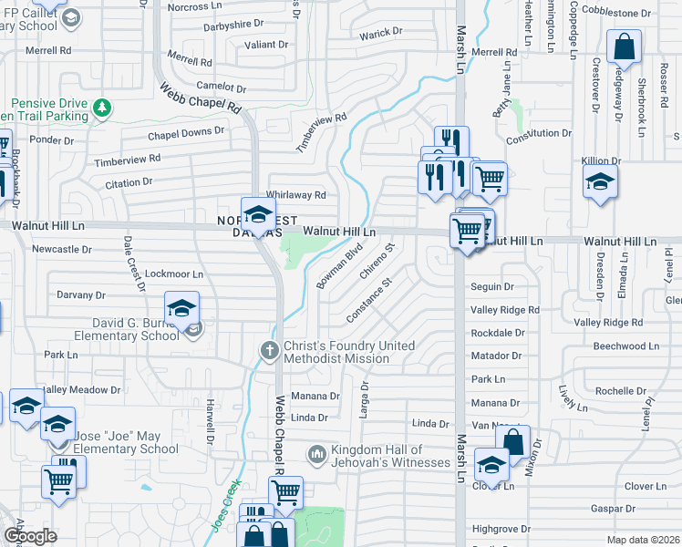 map of restaurants, bars, coffee shops, grocery stores, and more near 9916 Bowman Boulevard in Dallas