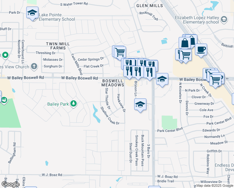 map of restaurants, bars, coffee shops, grocery stores, and more near 8641 Hawkview Drive in Fort Worth