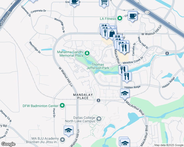 map of restaurants, bars, coffee shops, grocery stores, and more near 1224 Hidden Ridge in Irving