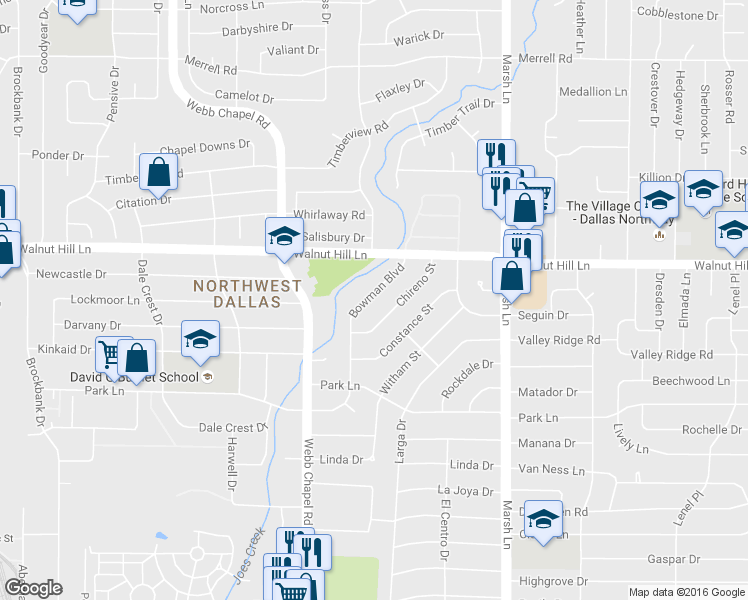 map of restaurants, bars, coffee shops, grocery stores, and more near 9916 Bowman Boulevard in Dallas