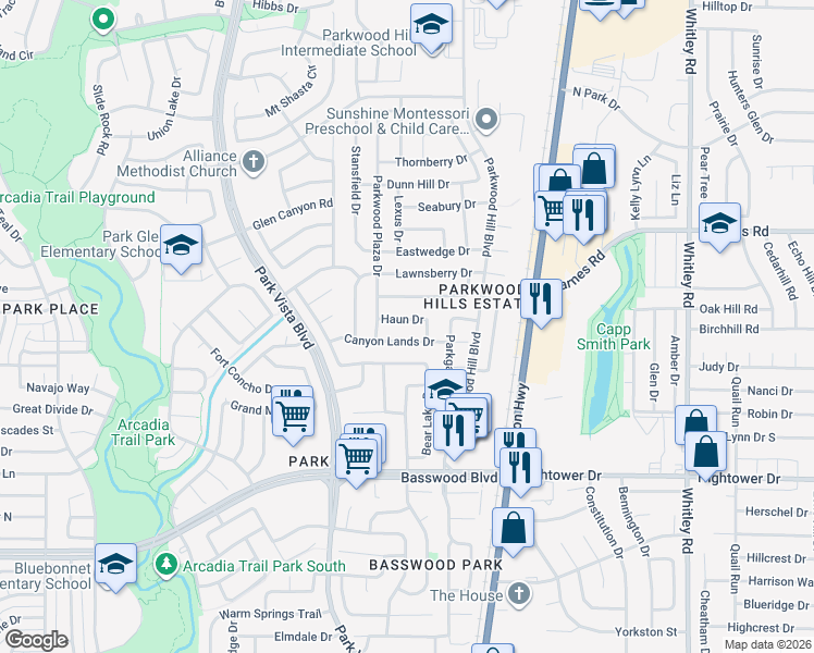map of restaurants, bars, coffee shops, grocery stores, and more near 5524 Canyon Lands Drive in Fort Worth