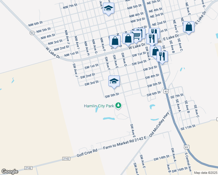 map of restaurants, bars, coffee shops, grocery stores, and more near 250 Southwest Avenue F in Hamlin