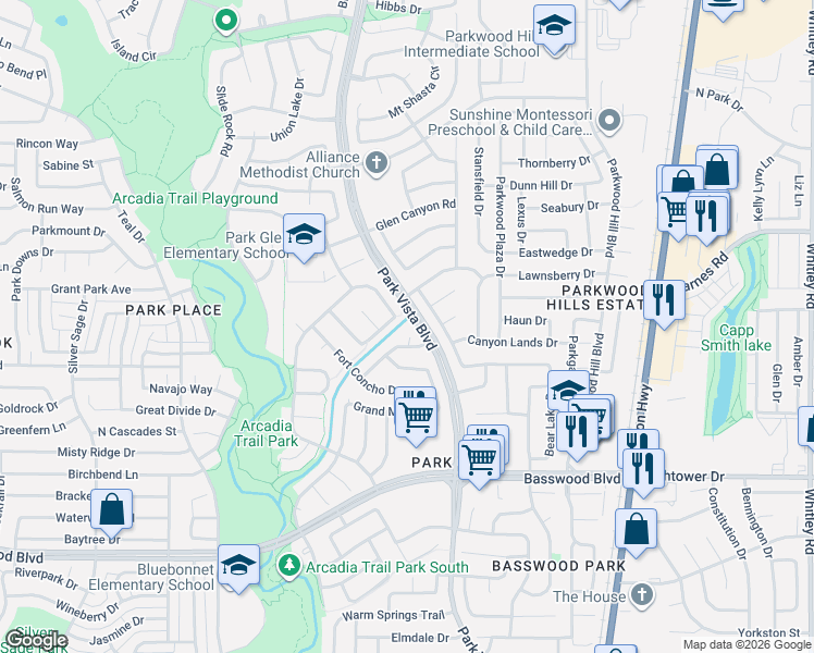 map of restaurants, bars, coffee shops, grocery stores, and more near 7600 Crescent Lake Court in Fort Worth