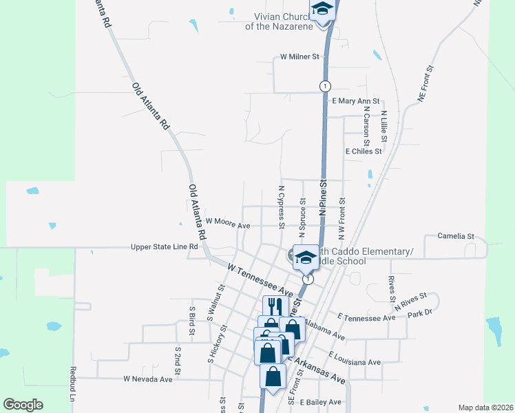 map of restaurants, bars, coffee shops, grocery stores, and more near 504 North Walnut Street in Vivian