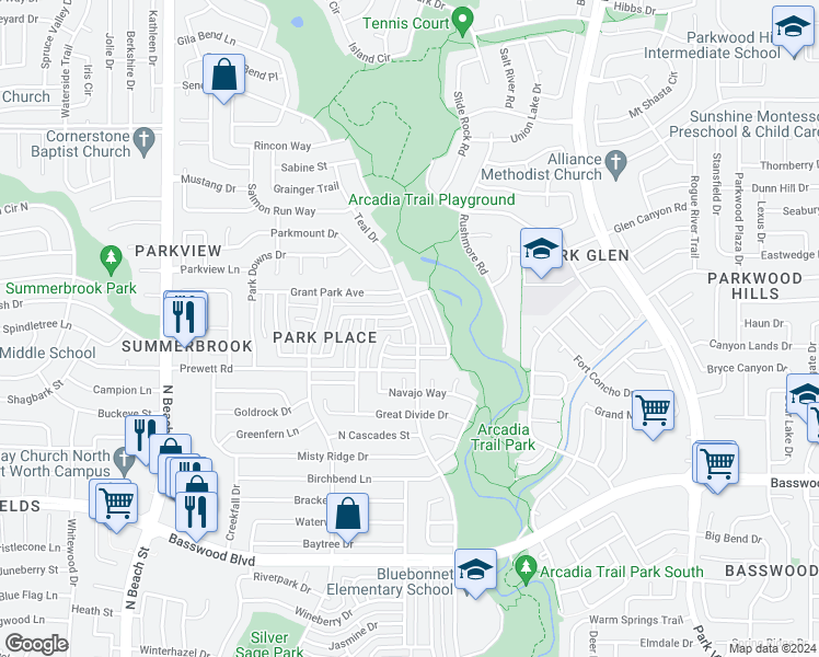 map of restaurants, bars, coffee shops, grocery stores, and more near 7779 Teal Drive in Fort Worth