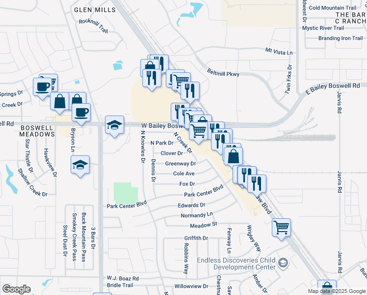 map of restaurants, bars, coffee shops, grocery stores, and more near 1229 North Creek Drive in Saginaw