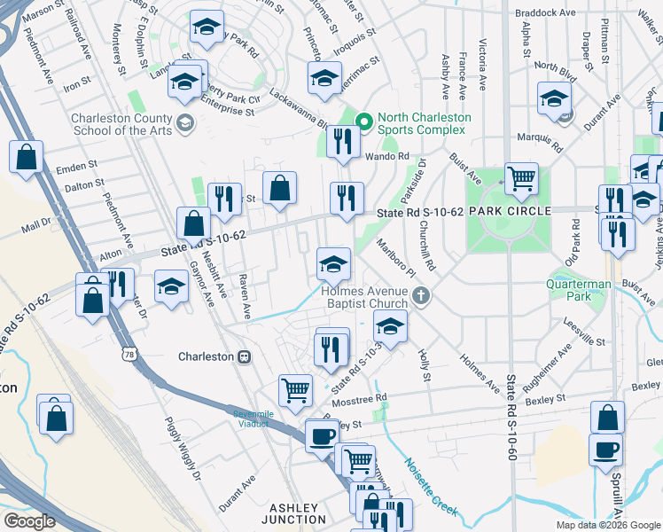 map of restaurants, bars, coffee shops, grocery stores, and more near 4670 Sanders Avenue in North Charleston