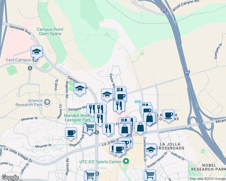 map of restaurants, bars, coffee shops, grocery stores, and more near 9544 Easter Way in San Diego