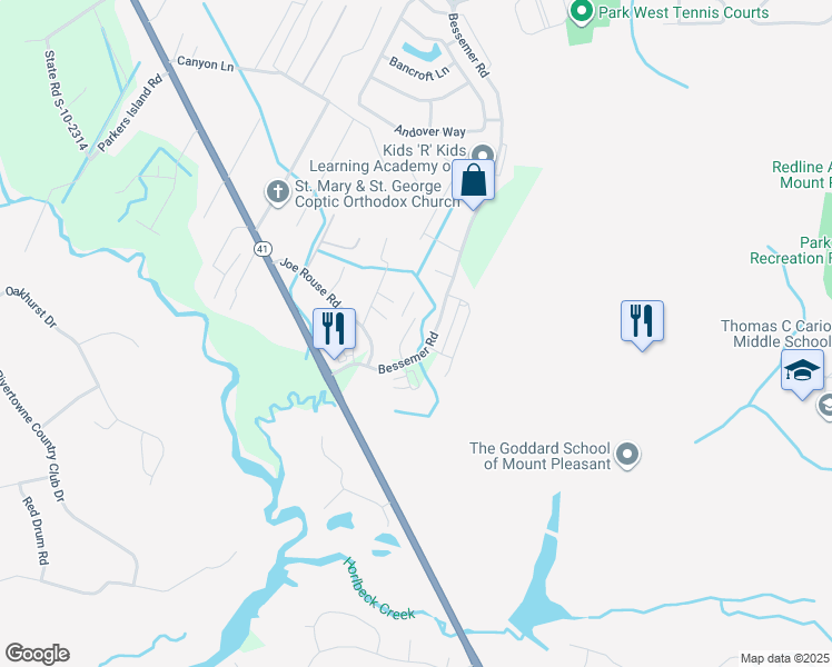 map of restaurants, bars, coffee shops, grocery stores, and more near 2581 Larch Lane in Mount Pleasant
