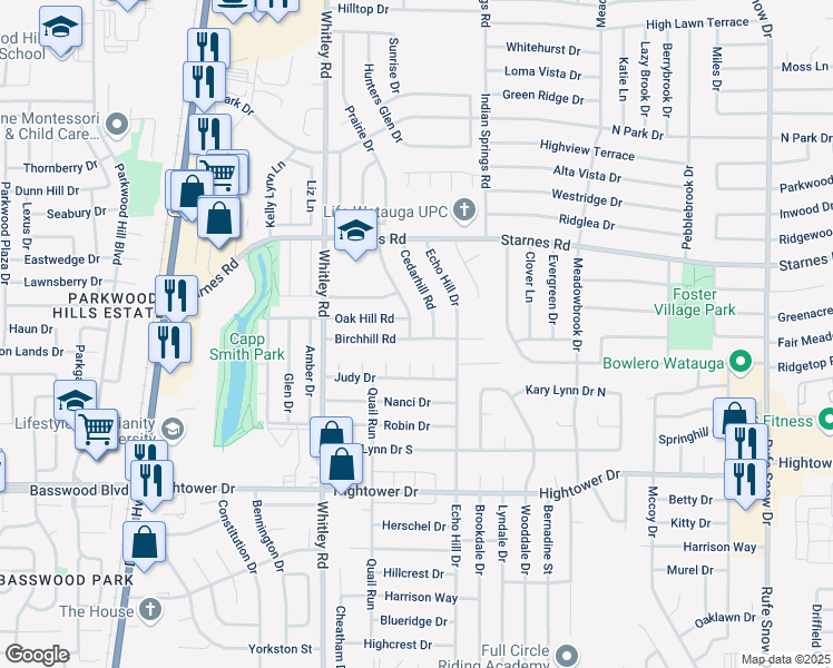 map of restaurants, bars, coffee shops, grocery stores, and more near 7413 Cheryl Court in Watauga