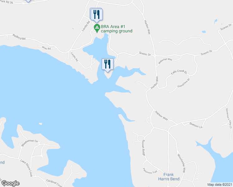 map of restaurants, bars, coffee shops, grocery stores, and more near 3415 Scenic Point Road in Graford