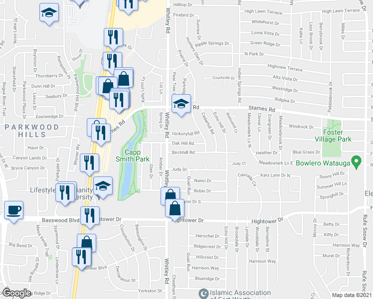 map of restaurants, bars, coffee shops, grocery stores, and more near 5929 Birchill Road in Watauga