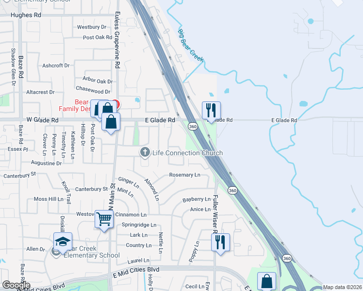 map of restaurants, bars, coffee shops, grocery stores, and more near 401 Kessler Drive in Euless
