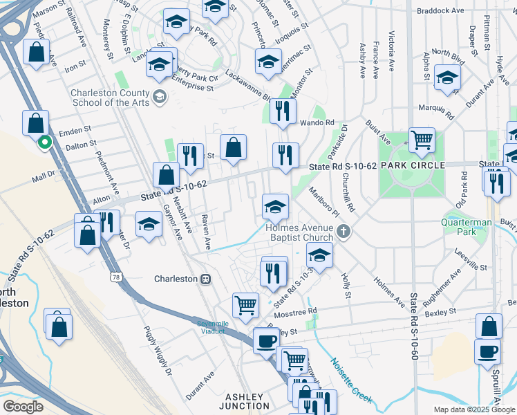 map of restaurants, bars, coffee shops, grocery stores, and more near 4679 Mint Avenue in North Charleston
