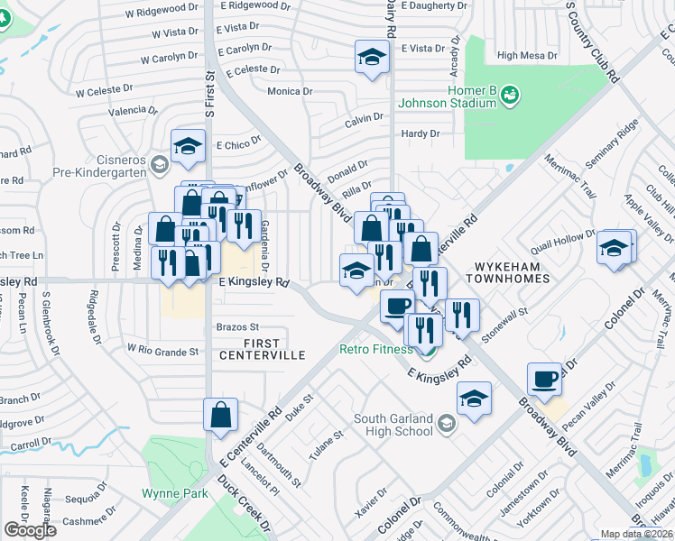 map of restaurants, bars, coffee shops, grocery stores, and more near 501 East Kingsley Road in Garland