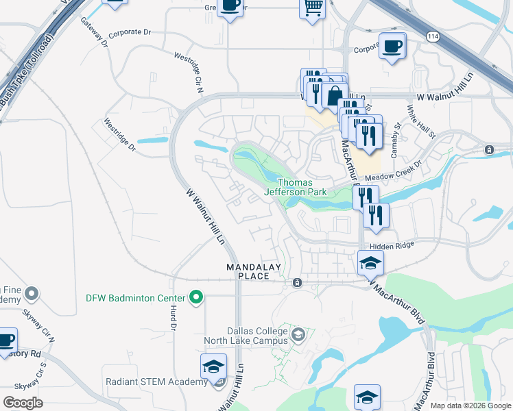 map of restaurants, bars, coffee shops, grocery stores, and more near 300 Merlot Square in Irving