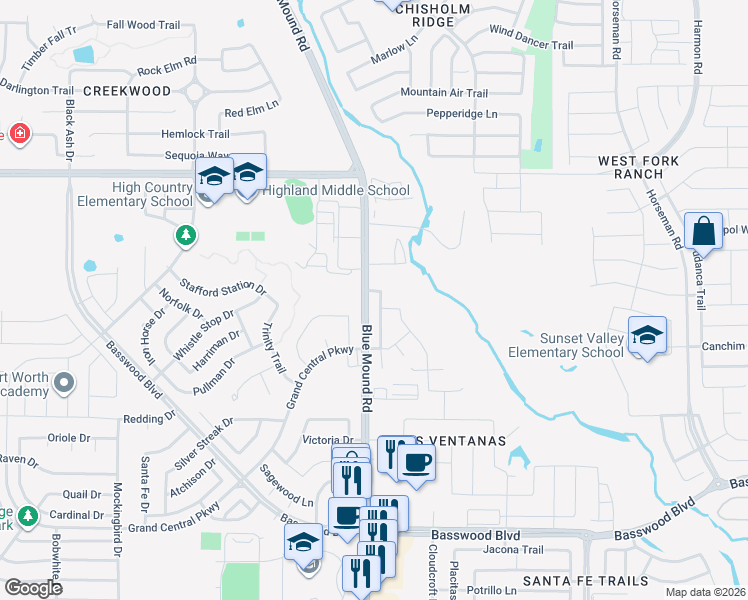 map of restaurants, bars, coffee shops, grocery stores, and more near 2653 North Blue Mound Road in Fort Worth