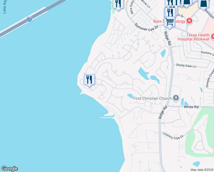 map of restaurants, bars, coffee shops, grocery stores, and more near 458 Yacht Club Drive in Rockwall