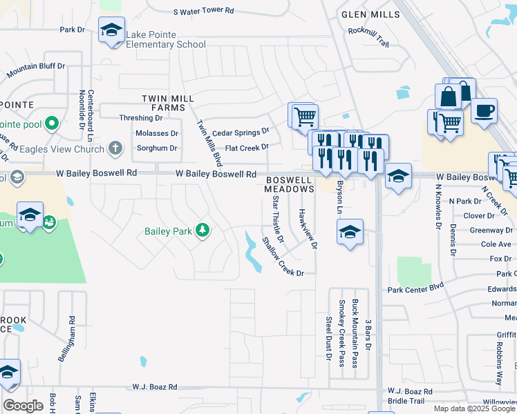 map of restaurants, bars, coffee shops, grocery stores, and more near 8625 Shallow Creek Drive in Fort Worth