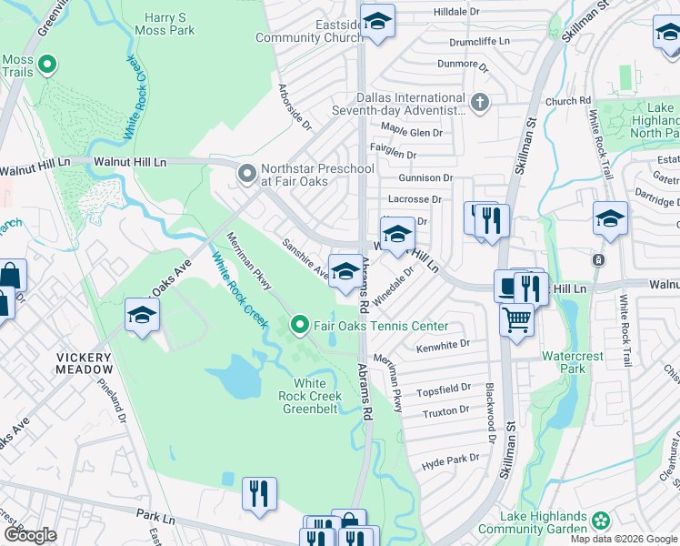 map of restaurants, bars, coffee shops, grocery stores, and more near 8830 Sanshire Avenue in Dallas