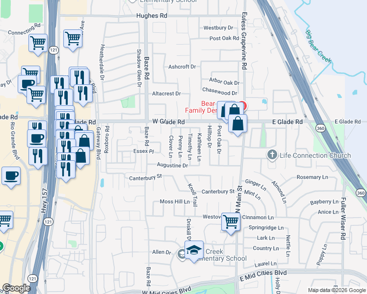 map of restaurants, bars, coffee shops, grocery stores, and more near 2909 Timothy Lane in Euless