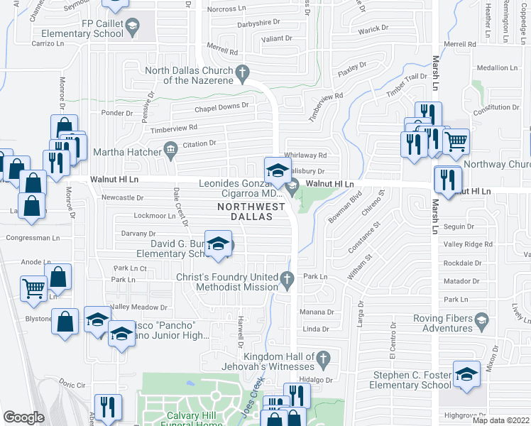 map of restaurants, bars, coffee shops, grocery stores, and more near 3317 Darvany Drive in Dallas