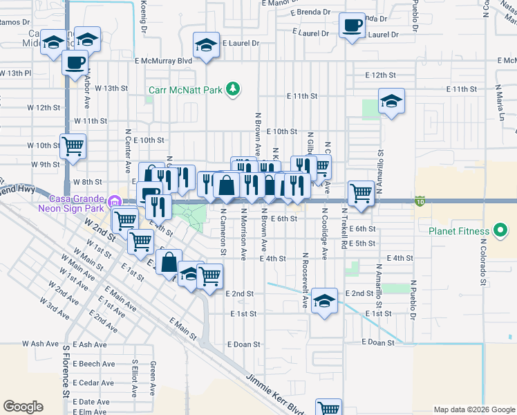 map of restaurants, bars, coffee shops, grocery stores, and more near 513 North Brown Avenue in Casa Grande