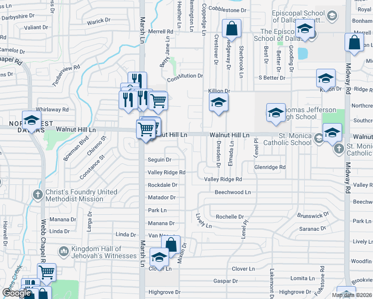 map of restaurants, bars, coffee shops, grocery stores, and more near 3822 Walnut Hill Lane in Dallas