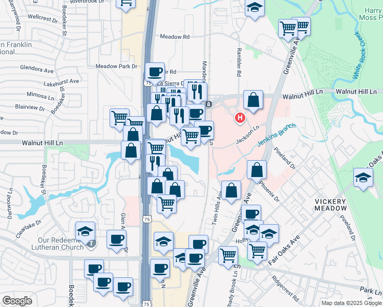 map of restaurants, bars, coffee shops, grocery stores, and more near 8140 Walnut Hill Lane in Dallas