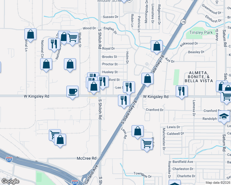 map of restaurants, bars, coffee shops, grocery stores, and more near 2221 Lee Street in Garland