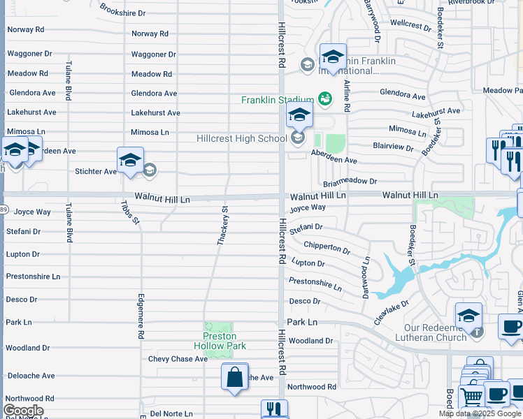 map of restaurants, bars, coffee shops, grocery stores, and more near 6832 Walnut Hill Lane in Dallas