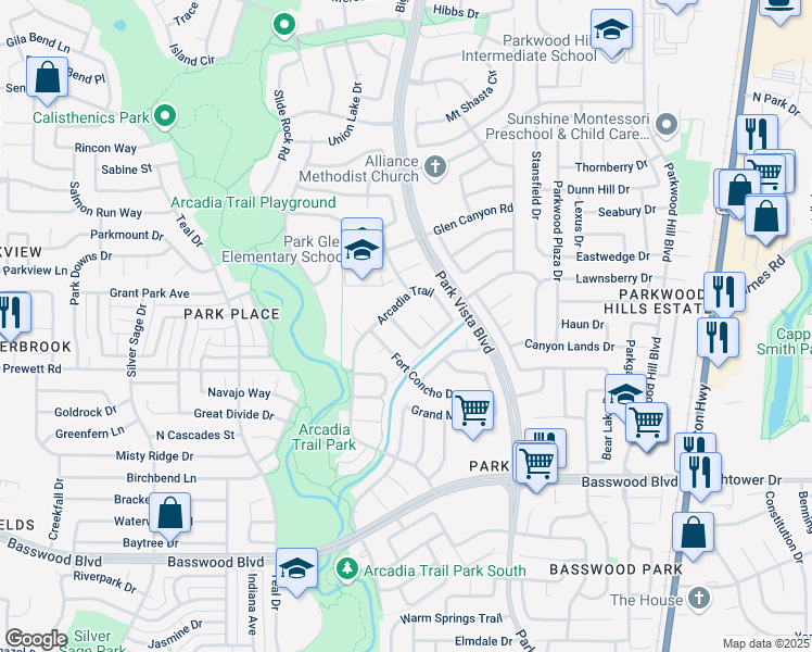 map of restaurants, bars, coffee shops, grocery stores, and more near 7720 Marble Canyon Drive in Fort Worth