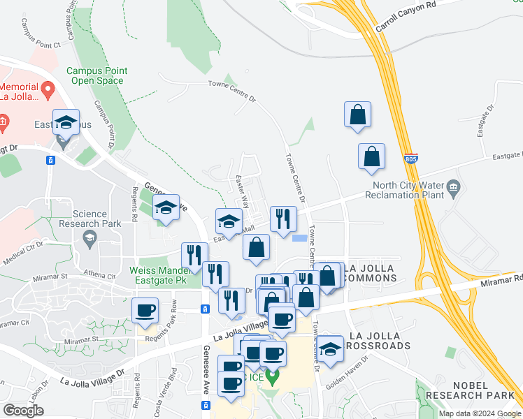 map of restaurants, bars, coffee shops, grocery stores, and more near 4485 Vision Drive in San Diego