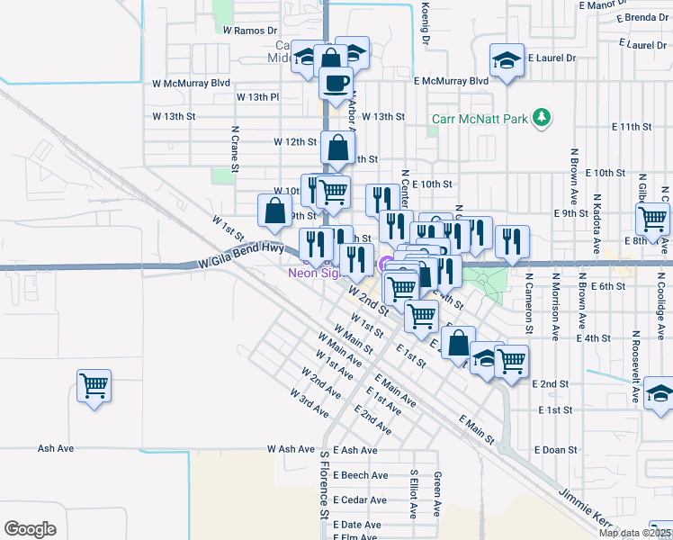map of restaurants, bars, coffee shops, grocery stores, and more near 14 West Florence Boulevard in Casa Grande