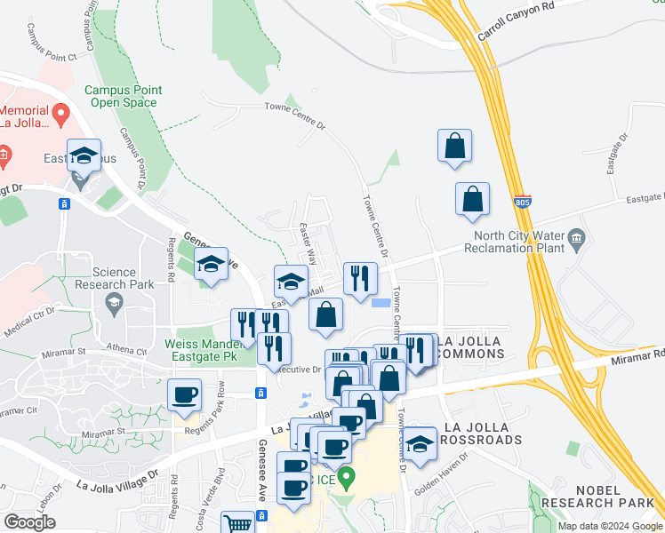 map of restaurants, bars, coffee shops, grocery stores, and more near 4485 Vision Drive in San Diego