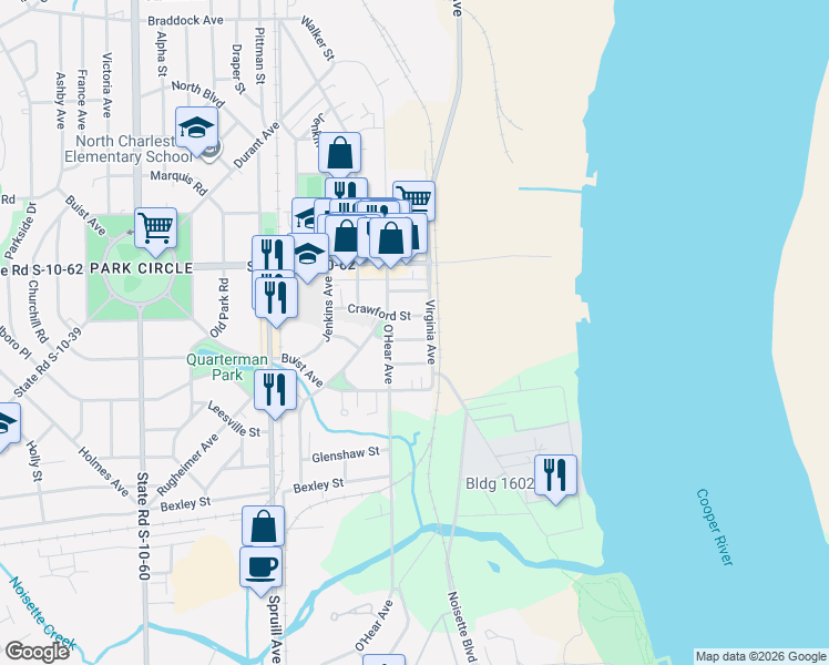 map of restaurants, bars, coffee shops, grocery stores, and more near 1004 Crawford Street in North Charleston