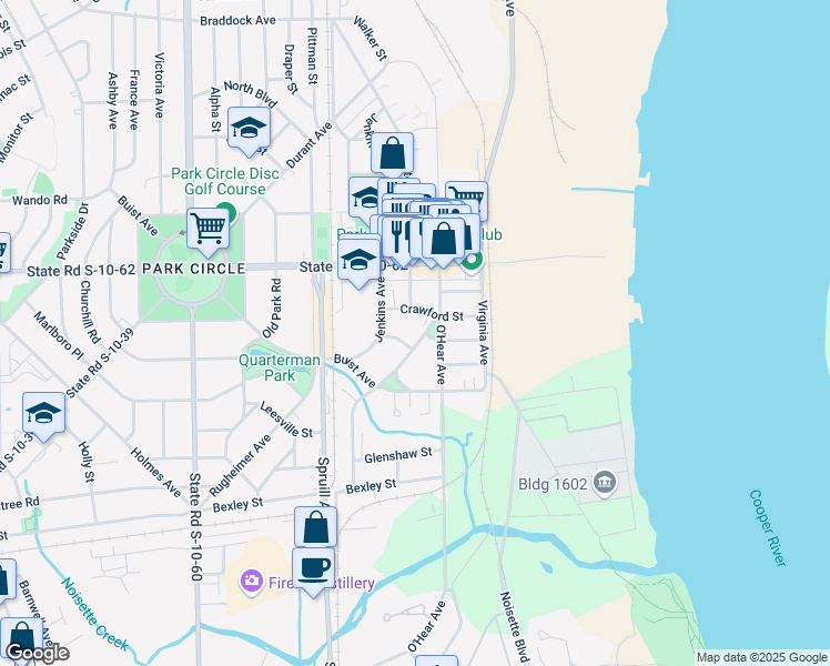 map of restaurants, bars, coffee shops, grocery stores, and more near 1059 Crawford Street in North Charleston