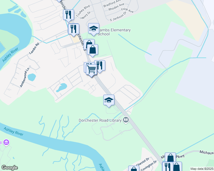 map of restaurants, bars, coffee shops, grocery stores, and more near 6530 Dorchester Road in North Charleston