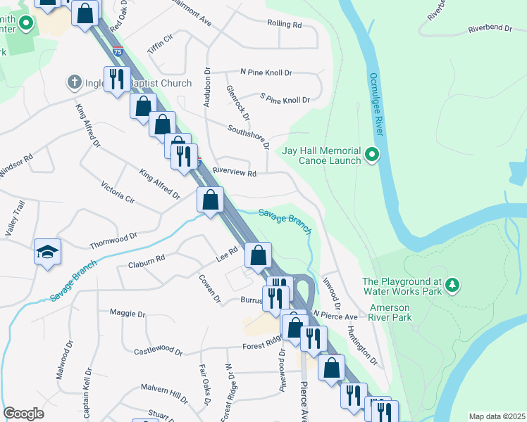 map of restaurants, bars, coffee shops, grocery stores, and more near 989 Avenue Of Pines in Macon