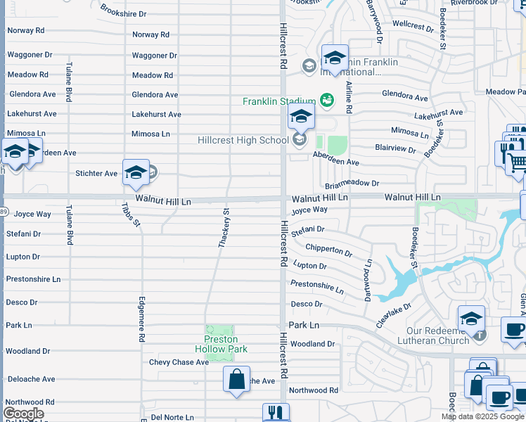 map of restaurants, bars, coffee shops, grocery stores, and more near 6832 Walnut Hill Lane in Dallas
