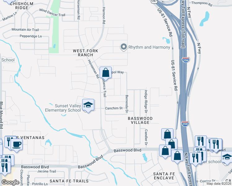 map of restaurants, bars, coffee shops, grocery stores, and more near 7725 Shorthorn Way in Fort Worth
