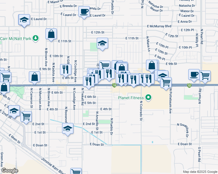 map of restaurants, bars, coffee shops, grocery stores, and more near 1194 East Florence Boulevard in Casa Grande