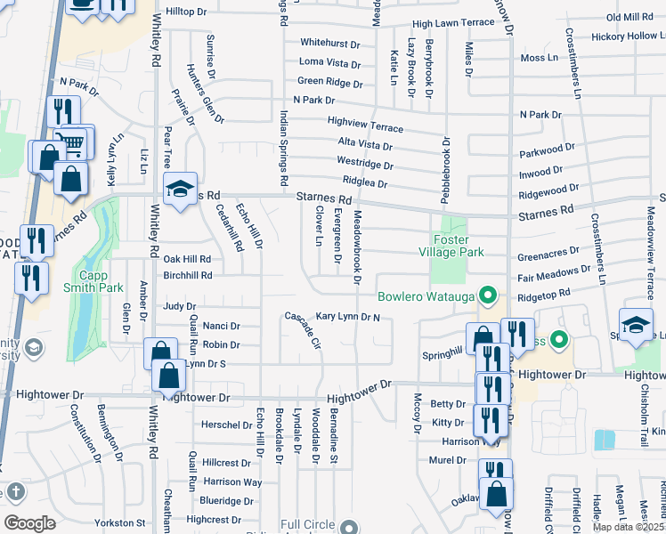 map of restaurants, bars, coffee shops, grocery stores, and more near 7521 Evergreen Drive in Watauga