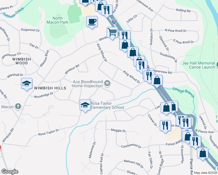 map of restaurants, bars, coffee shops, grocery stores, and more near 2950 Victoria Circle in Macon