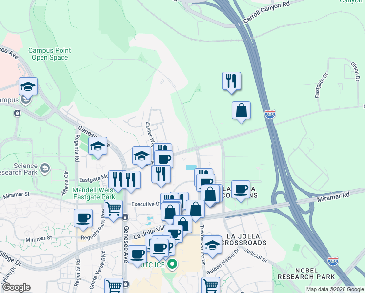 map of restaurants, bars, coffee shops, grocery stores, and more near 9514 Towne Centre Drive in San Diego