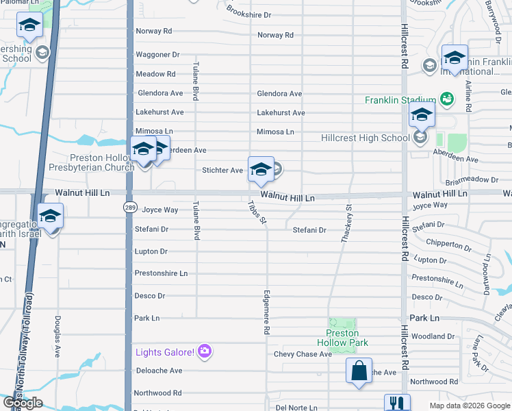 map of restaurants, bars, coffee shops, grocery stores, and more near 6400 Walnut Hill Lane in Dallas