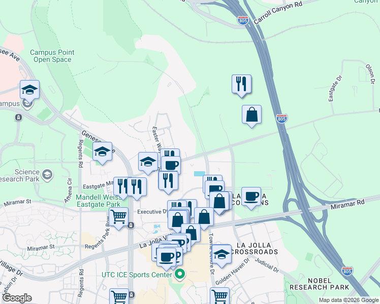 map of restaurants, bars, coffee shops, grocery stores, and more near 9514 Towne Centre Drive in San Diego